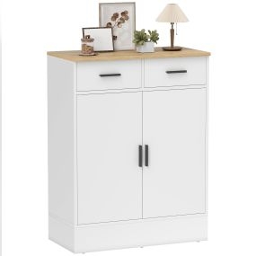 Aparador de 2 puertas con 2 cajones y estantes ajustables blanco y natural 68,6x35x90,3 cm