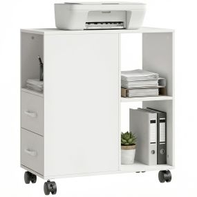 Mueble para Impresora con Ruedas, Mesa para Impresora con 2 Cajones, Estante Ajustable, 3 Compartimentos Abiertos para Documentos Tamaño A4, Carta, Archivador Móvil para Oficina en Casa, Blanco