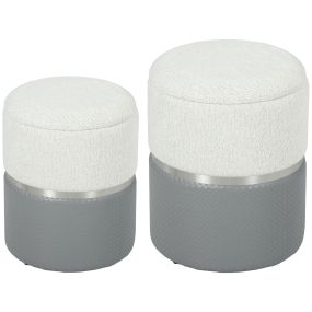 Juego de 2 puffs baúl redondos tapizados en chenilla y PU, gris y crema