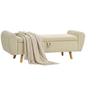 Banco de almacenaje 150 cm tapizado en pana beige con brazos redondeados y patas de madera