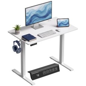 Escritorio elevable eléctrico 100x60 cm con 3 memorias, LED, 2 ganchos y 2 pasacables blanco