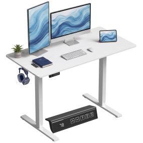 Escritorio elevable eléctrico 120x60 cm con 3 memorias, LED, 2 ganchos y 2 pasacables blanco