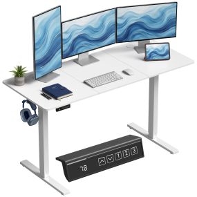 Escritorio elevable eléctrico 140x60 cm blanco con 3 memorias, pantalla LED, ganchos y pasacables
