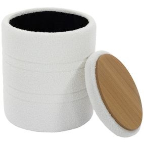 Puff banco de almacenaje redondo tapizado en borreguito blanco Ø36,5x46,5 cm 33 L 120 kg