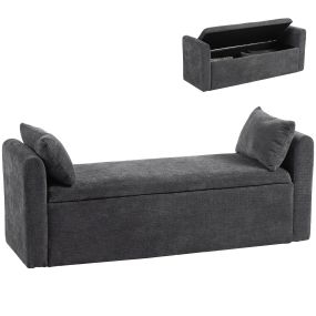 Banco de Almacenaje, Banco Pie de Cama, Puff Almacenaje de Chenilla con Reposabrazos y Cojines, Tapa Hidráulica, para Sala de Estar, Dormitorio, Entrada, Carga 220 kg, 137x45x51 cm, Gris Oscuro