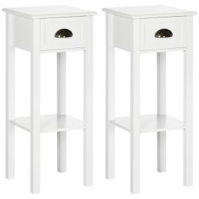Juego de 2 mesas auxiliares modernas con cajón y estante 30x30x75 cm blanco