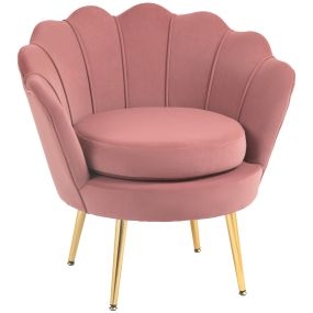 Butaca tapizada en terciopelo rosa con respaldo concha y patas doradas 76x67x74 cm