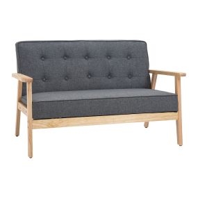 Sofá de 2 plazas tapizado en lino sintético con patas y reposabrazos de madera de caucho gris 113x67x78 cm