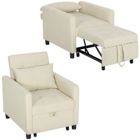 Sofá cama 1 plaza 3 en 1 tapizado en lino beige con respaldo ajustable 69x82,5x84 cm