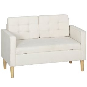 Sofá de 2 plazas de terciopelo con almacenamiento, patas de madera, crema, 117x62x78 cm