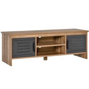 Mueble de TV moderno 109x35x38 cm para televisores de 42" madera natural y gris con 2 puertas metálicas y 2 estantes abiertos