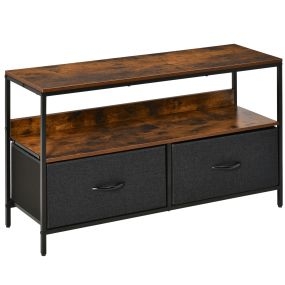 Mueble de TV con estante y 2 cajones de tela plegables, hasta 47 pulgadas, 98 cm, marrón rústico y negro