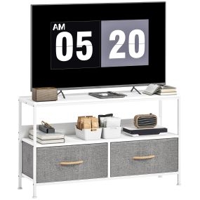 Mueble de TV con estante y 2 cajones de tela plegables, para TV hasta 47 pulgadas, 98 cm, blanco y gris