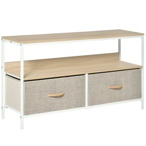 Mueble de TV, Mesa de TV con Estante y 2 Cajones de Tela Plegables, para Televisores hasta 47 Pulgadas, Largo de 98 cm, para Salón, Dormitorio, Natural y Gris