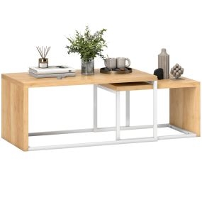 Juego de 2 mesas de centro nido modernas de metal, natural y blanco, 90x48x42 cm y 59x42x36 cm