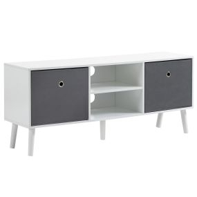 Mueble de TV con 2 cajones de tela, 2 estantes abiertos, para TV hasta 50 pulgadas, 110 cm, blanco y gris