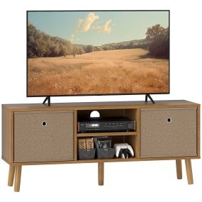 Mueble de TV de madera marrón con 2 cajones de tela, 2 estantes y orificios para cables, 110 cm
