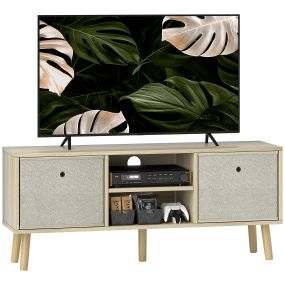 Mueble de TV de madera beige con 2 cajones de tela, 2 estantes y orificios para cables, 110 cm