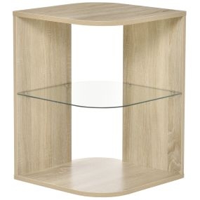 Mesita auxiliar moderna de madera natural con 3 estantes y tablero de cristal 40x40x56 cm