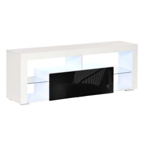 Mueble de TV para 55 pulgadas con luz LED, mando, cajón y estantes de cristal blanco 140x35x52 cm