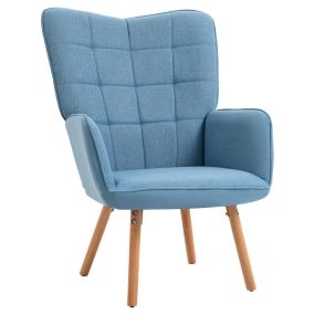 Sillón moderno de salón con respaldo alto, reposabrazos, tela de lino, patas de madera, azul 71x76x101 cm