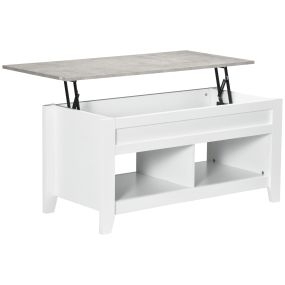 Mesa de centro elevable con 2 compartimentos y almacenaje oculto 105x50x49 cm blanco y efecto mármol