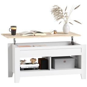 Mesa de centro elevable con 2 compartimentos y almacenaje oculto 105x50x49 cm blanco y natural