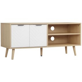 Mueble TV moderno con 2 puertas y 2 estantes, 110x39x48,8 cm, natural y blanco