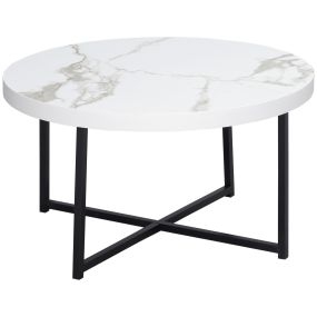 Mesa de centro redonda con encimera símil mármol y marco de metal 80x80x45 cm blanco