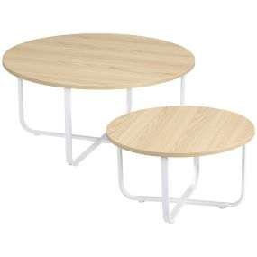 Juego de 2 mesas de centro redondas Ø65x32 cm y Ø45x26 cm madera y metal natural y blanco