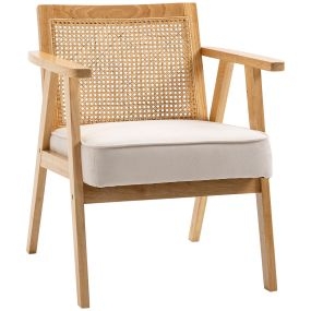 Butaca de salón con reposabrazos, respaldo de ratán y marco de madera de caucho, natural y beige