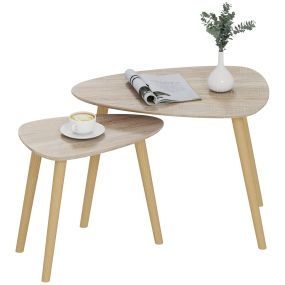 Juego de 2 mesas de centro nido modernas de madera natural con patas de pino