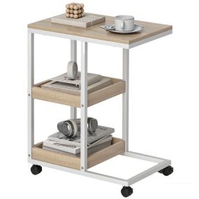 Mesa auxiliar con ruedas en forma de C, 2 estantes, acero, natural y blanco, 51x33x66 cm