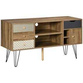 Mueble de TV con 4 cajones y estantes, patas de metal, marrón, 120x39x64 cm