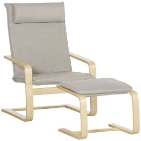 Sillón con reposapiés, respaldo alto, reposacabezas extraíble, patas de madera y tapizado en lino gris
