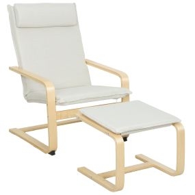 Sillón de lectura con reposapiés, respaldo alto, reposacabezas extraíble, lino crema, patas de madera