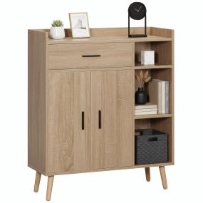 Aparador moderno de salón con 2 puertas, 1 cajón y 3 estantes abiertos 80x30x96,5 cm natural