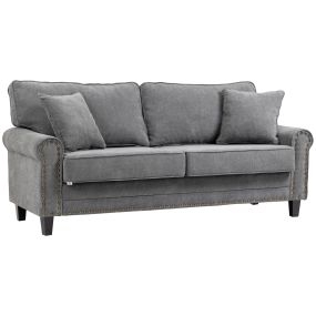 Sofá de 3 Plazas Sofá de Salón Moderno Tapizado en Poliéster con 2 Cojines Ribete de Cabeza de Clavo y Patas de Madera 196x80,5x89 cm Gris