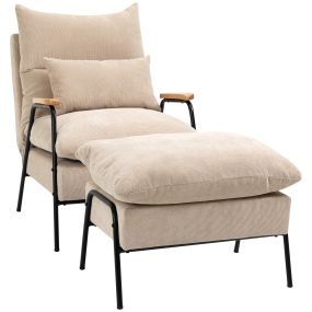Sillón de relax reclinable con reposapiés tapizado en pana beige 68x91,5x88 cm