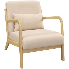 Butaca nórdica de salón con reposabrazos, cojín y marco de madera de caucho, beige, 61x78x76 cm, 120 kg