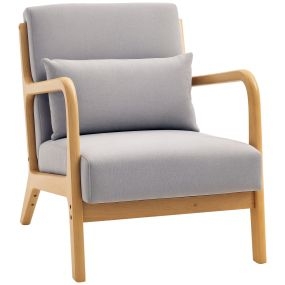 Butaca nórdica de salón con reposabrazos, cojín y marco de madera de caucho, gris, 61x78x76 cm, 120 kg