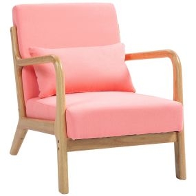 Butaca nórdica de salón con reposabrazos, cojín y marco de madera de caucho, rosa, 61x78x76 cm