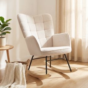 Silla mecedora de borreguito con respaldo alto, patas de madera de haya, beige