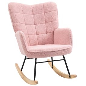 Silla mecedora de borreguito con respaldo alto, patas de madera de haya, rosa