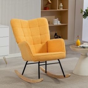 Silla mecedora de borreguito con respaldo alto, patas de madera de haya, amarillo