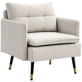 Sillón de salón tapizado en lino 76 cm con cojines reposabrazos y patas de acero crema