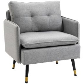 Sillón de salón tapizado en lino gris 76 cm con cojines, reposabrazos y patas de acero