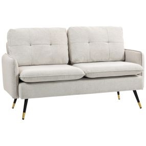 Sofá de 2 plazas tapizado en lino 139 cm crema con cojines, reposabrazos y patas de acero