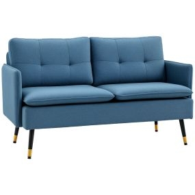Sofá de 2 plazas tapizado en lino 139 cm azul con cojines reposabrazos y patas de acero