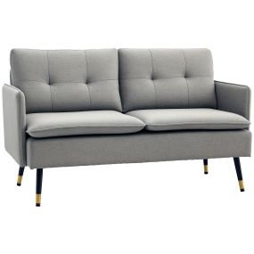 Sofá de 2 plazas tapizado en lino gris con cojines, reposabrazos y patas de acero 139x68x80 cm